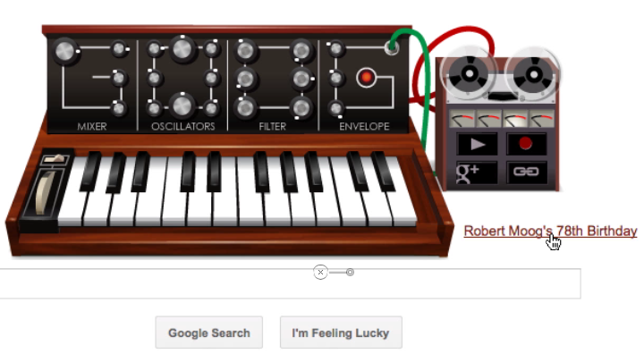 Google's home page featured a working emulation of a Moog synthesizer on May 23 2012.